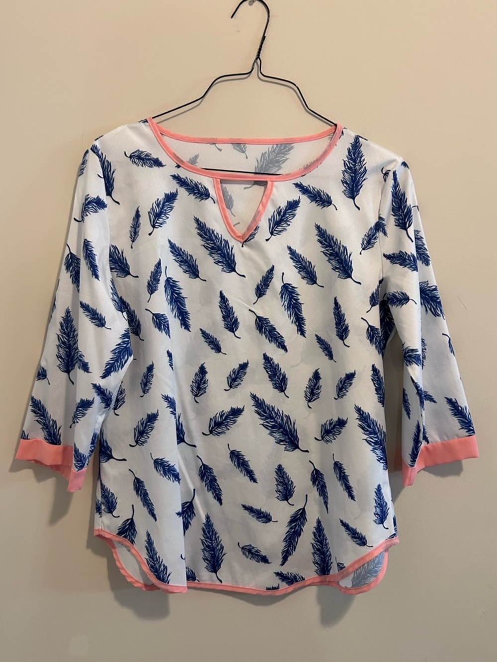 Feather Print Top in White and Navy with Pink Trim